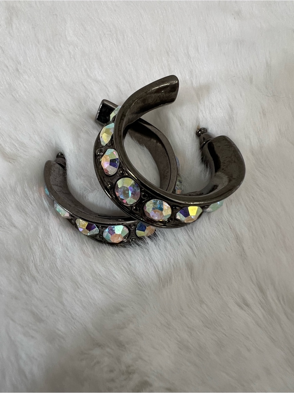 YSL Gunmetal Crystal Hoop Earrings - Iridescent Stones